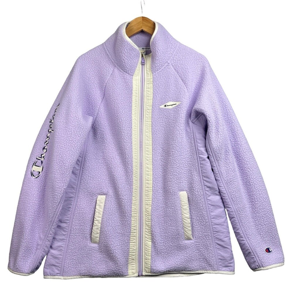 Champion Womens Fleece Jacket Lilac Sherpa Plush Large Zip Front Logo $70